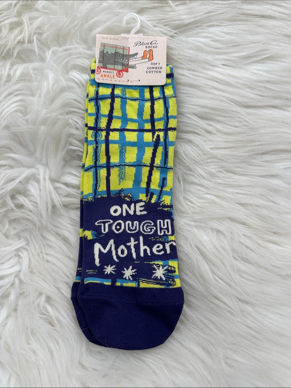 Blue Q Neon Yellow & Navy 'One Tough Mother' Ankle Socks